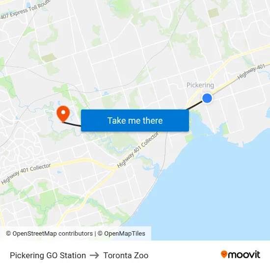 Pickering GO Station to Toronta Zoo map