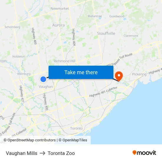 Vaughan Mills to Toronta Zoo map