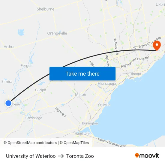 University of Waterloo to Toronta Zoo map