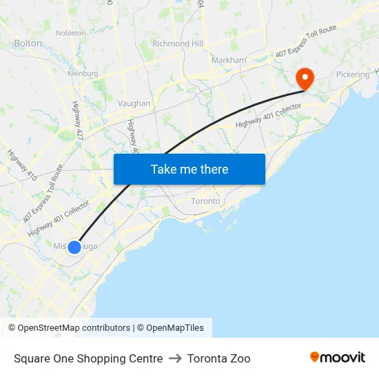 Square One Shopping Centre to Toronta Zoo map