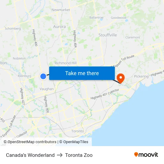 Canada’s Wonderland to Toronta Zoo map