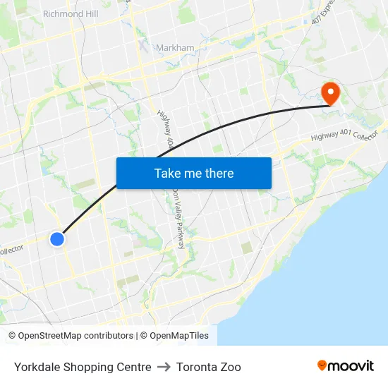 Yorkdale Shopping Centre to Toronta Zoo map