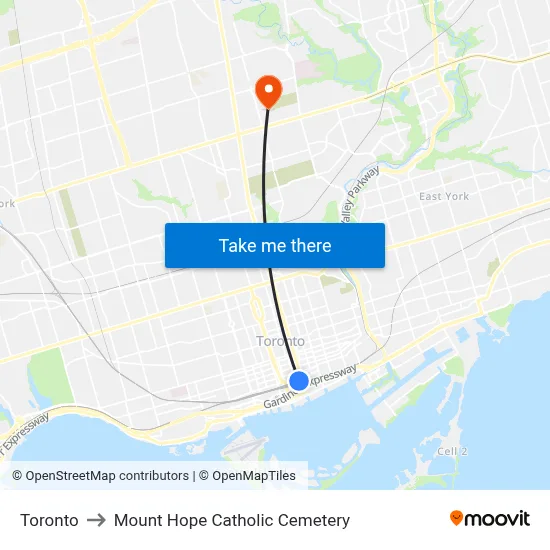 Toronto to Mount Hope Catholic Cemetery map