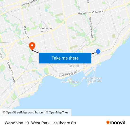 Woodbine to West Park Healthcare Ctr map