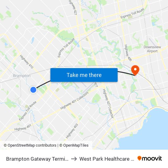 Brampton Gateway Terminal to West Park Healthcare Ctr map