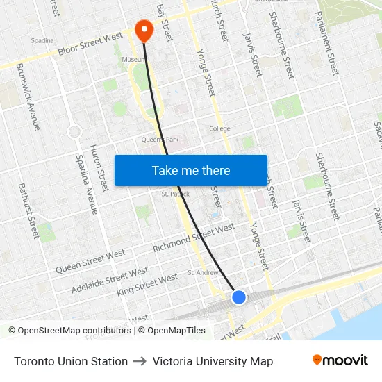 Toronto Union Station to Victoria University Map map