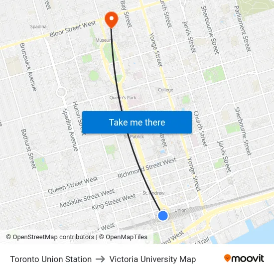 Toronto Union Station to Victoria University Map map