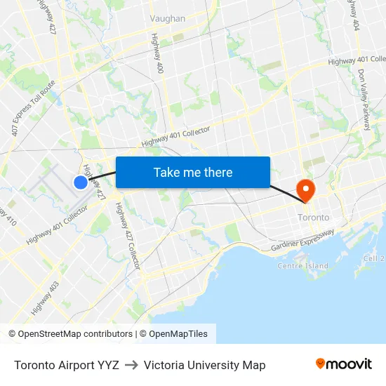 Toronto Airport YYZ to Victoria University Map map