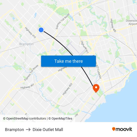 Brampton to Dixie Outlet Mall map