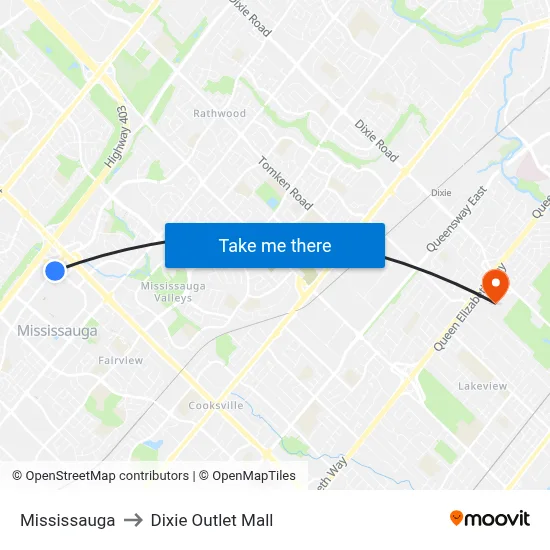 Mississauga to Dixie Outlet Mall map