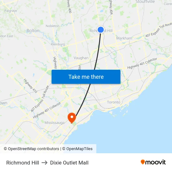 Richmond Hill to Dixie Outlet Mall map