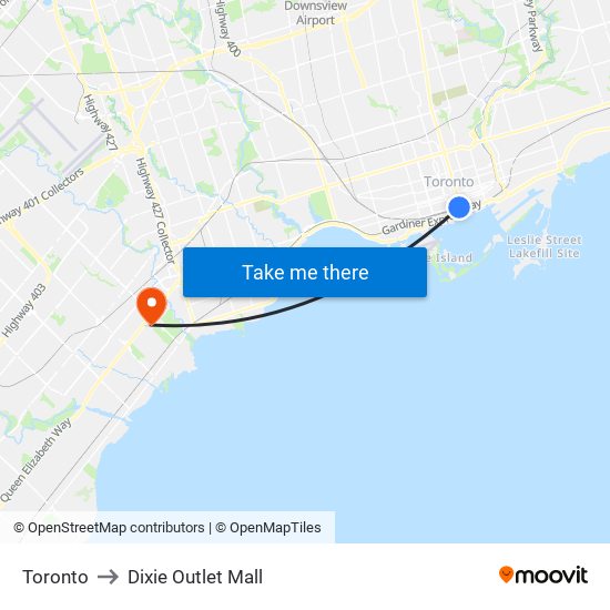 Toronto to Dixie Outlet Mall map