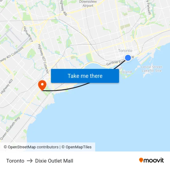 Toronto to Dixie Outlet Mall map