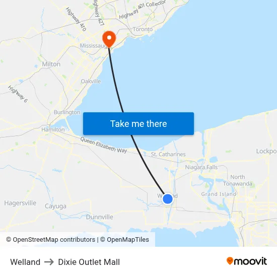 Welland to Dixie Outlet Mall map