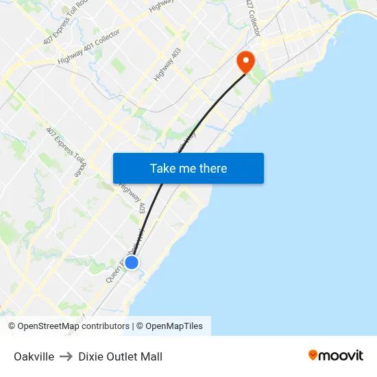 Oakville to Dixie Outlet Mall map