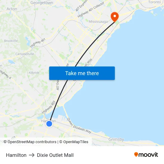 Hamilton to Dixie Outlet Mall map