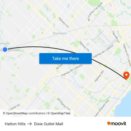 Halton Hills to Dixie Outlet Mall map