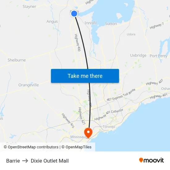 Barrie to Dixie Outlet Mall map