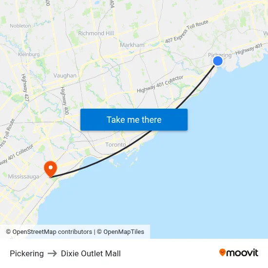 Pickering to Dixie Outlet Mall map