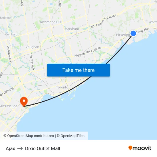 Ajax to Dixie Outlet Mall map