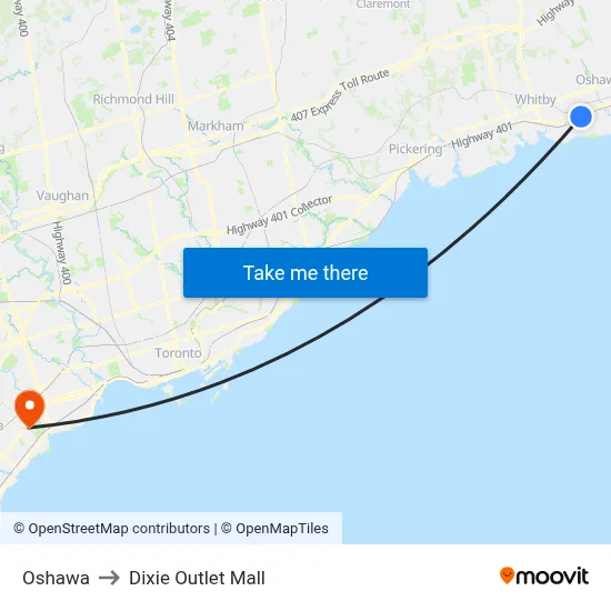 Oshawa to Dixie Outlet Mall map