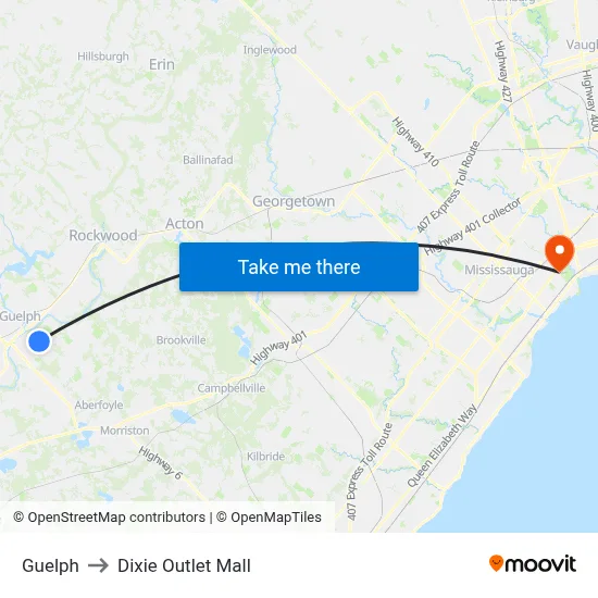 Guelph to Dixie Outlet Mall map