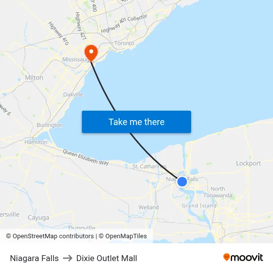 Niagara Falls to Dixie Outlet Mall map