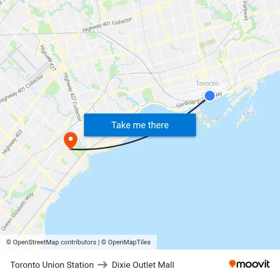 Toronto Union Station to Dixie Outlet Mall map