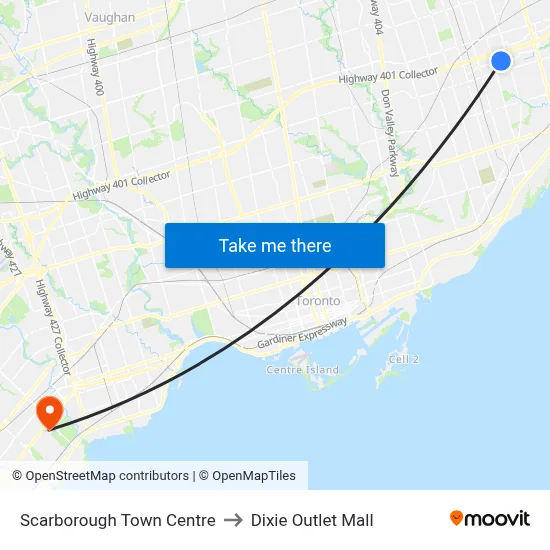 Scarborough Town Centre to Dixie Outlet Mall map