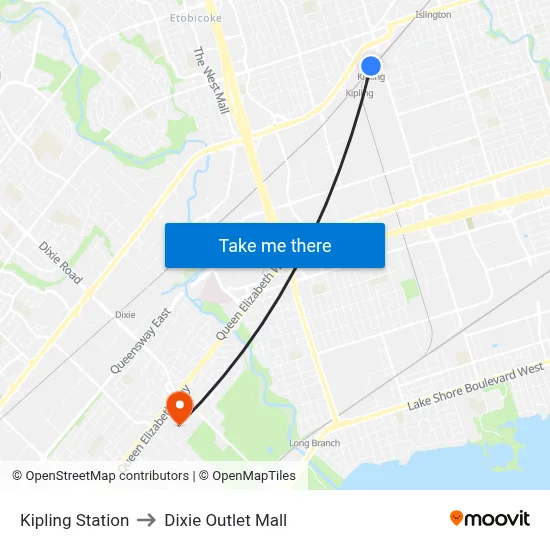 Kipling Station to Dixie Outlet Mall map