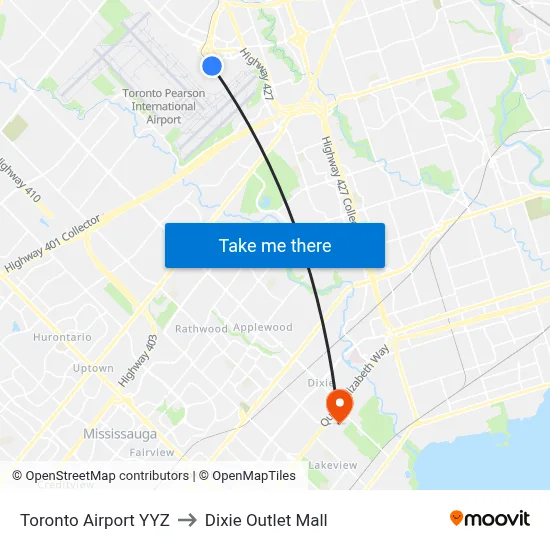 Toronto Airport YYZ to Dixie Outlet Mall map