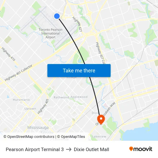 Pearson Airport Terminal 3 to Dixie Outlet Mall map
