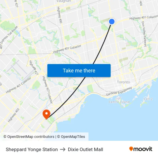 Sheppard Yonge Station to Dixie Outlet Mall map