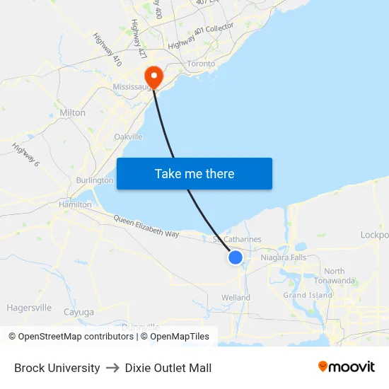 Brock University to Dixie Outlet Mall map