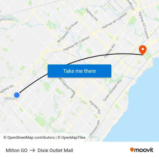 Milton GO to Dixie Outlet Mall map