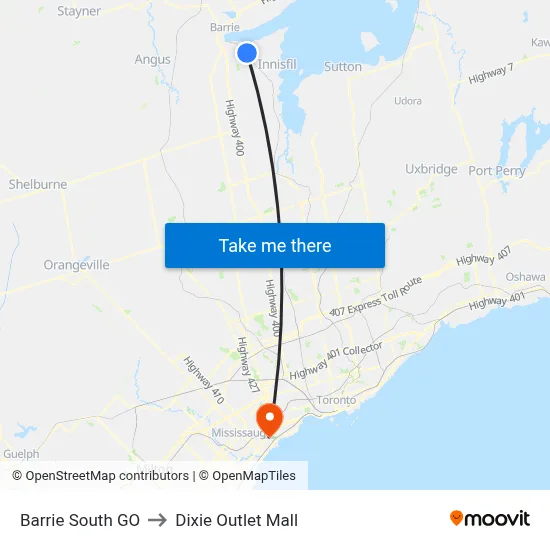 Barrie South GO to Dixie Outlet Mall map