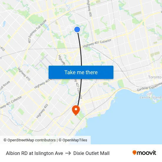 Albion RD at Islington Ave to Dixie Outlet Mall map