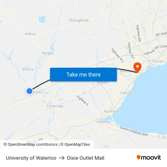 University of Waterloo to Dixie Outlet Mall map