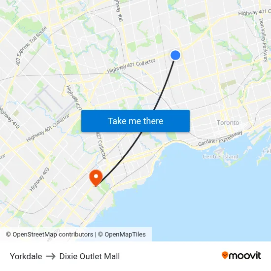 Yorkdale to Dixie Outlet Mall map