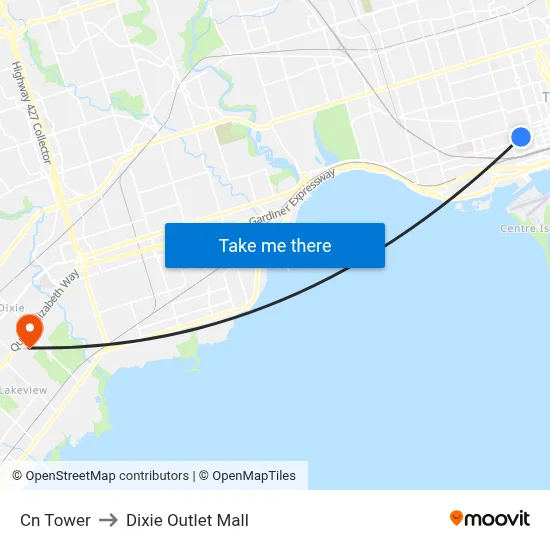 Cn Tower to Dixie Outlet Mall map