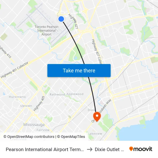 Pearson International Airport Terminal 1 to Dixie Outlet Mall map
