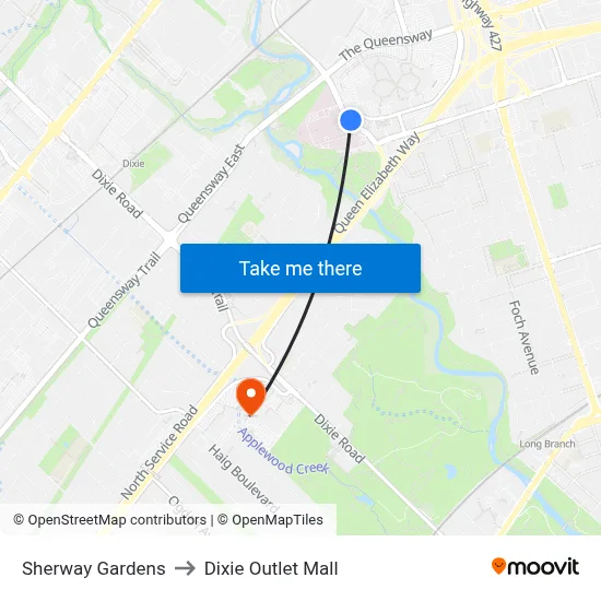 Sherway Gardens to Dixie Outlet Mall map