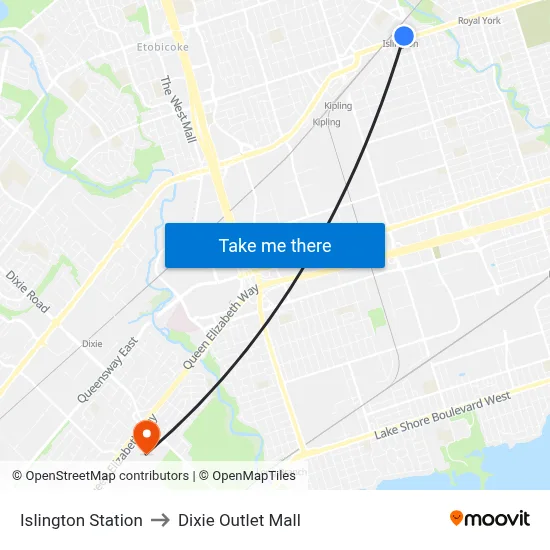 Islington Station to Dixie Outlet Mall map