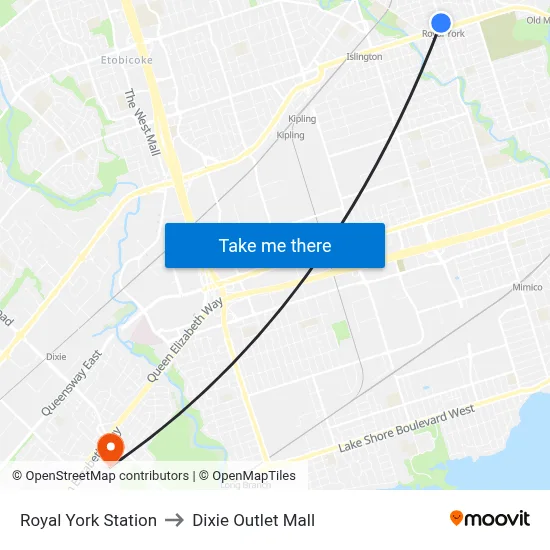 Royal York Station to Dixie Outlet Mall map