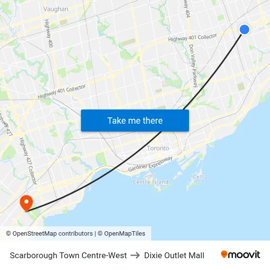 Scarborough Town Centre-West to Dixie Outlet Mall map