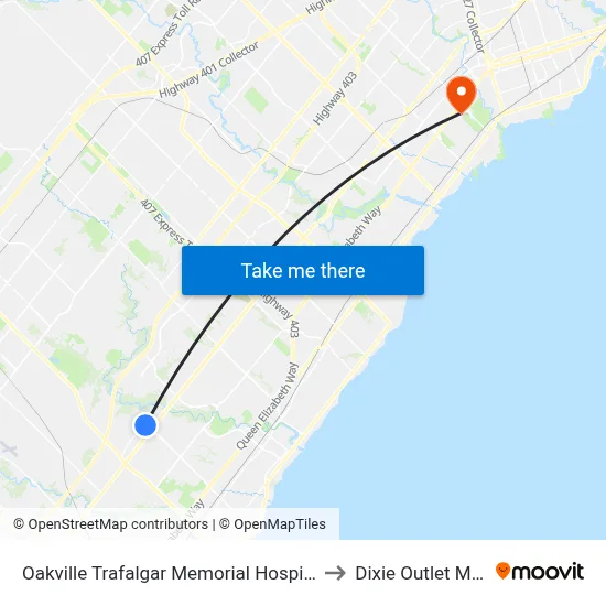 Oakville Trafalgar Memorial Hospital to Dixie Outlet Mall map