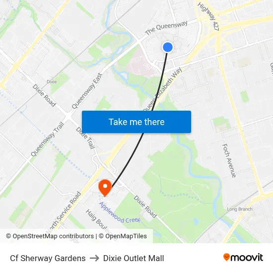 Cf Sherway Gardens to Dixie Outlet Mall map
