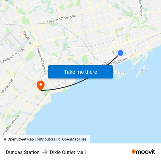 Dundas Station to Dixie Outlet Mall map