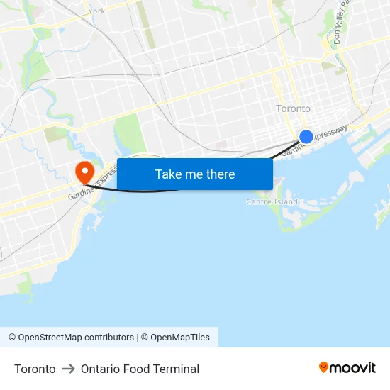 Toronto to Ontario Food Terminal map