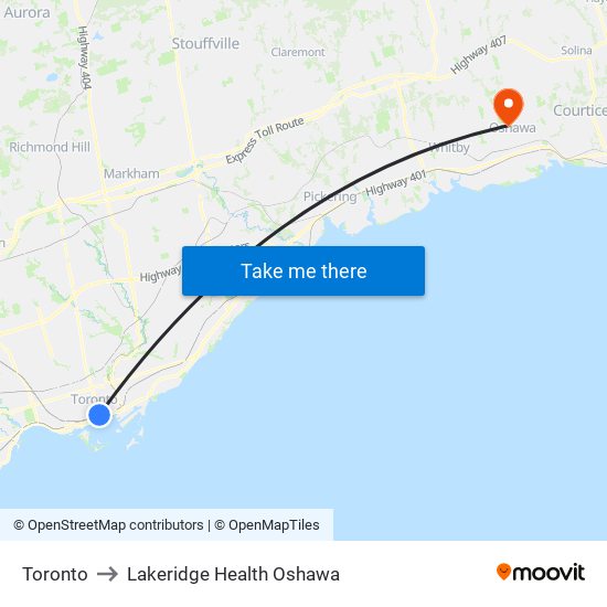 Toronto to Lakeridge Health Oshawa map